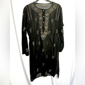 Black Indian Tunic Kurta with embroidered trim